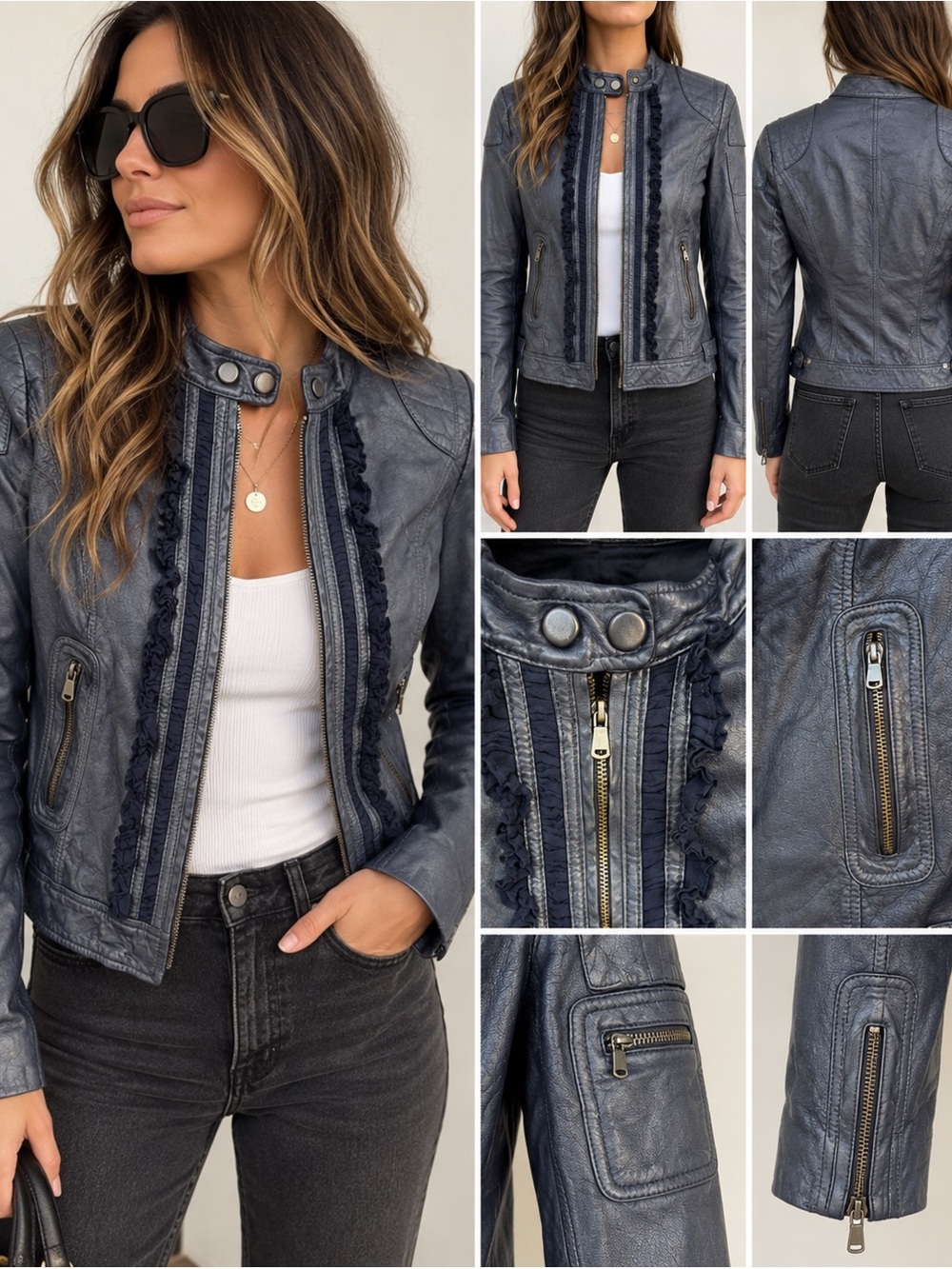 PAIGE Navy Leather Moto Jacket with Navy Ruffle Trim